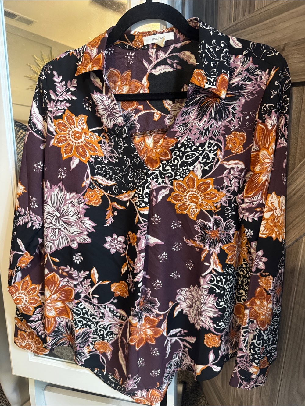 Maurices Black Floral Button-Down Shirt with Purple & Orange Flowers